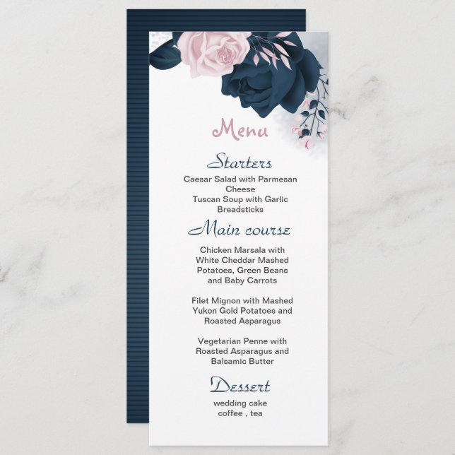 pink & navy flowers beautiful wedding  menu (Front/Back)