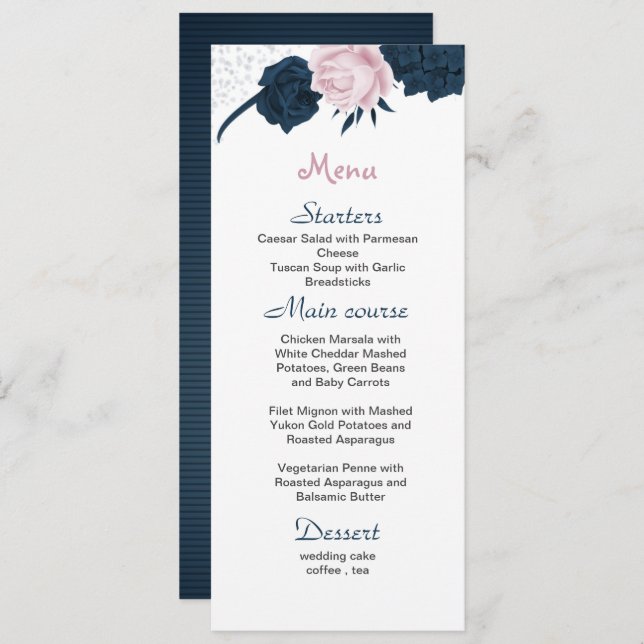 pink & navy flowers beautiful wedding menu (Front/Back)