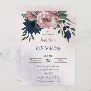 pink & navy flowers botanical birthday  invitation