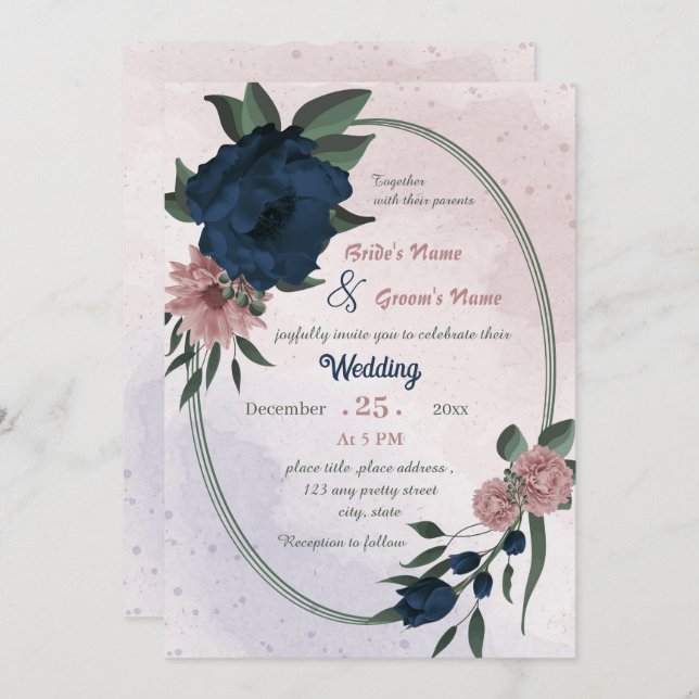 pink & navy flowers botanical geometric wedding  invitation (Front/Back)