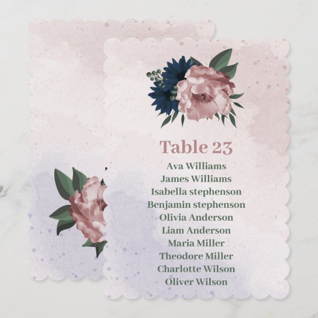 pink & navy flowers botanical seating chart card (Front/Back)
