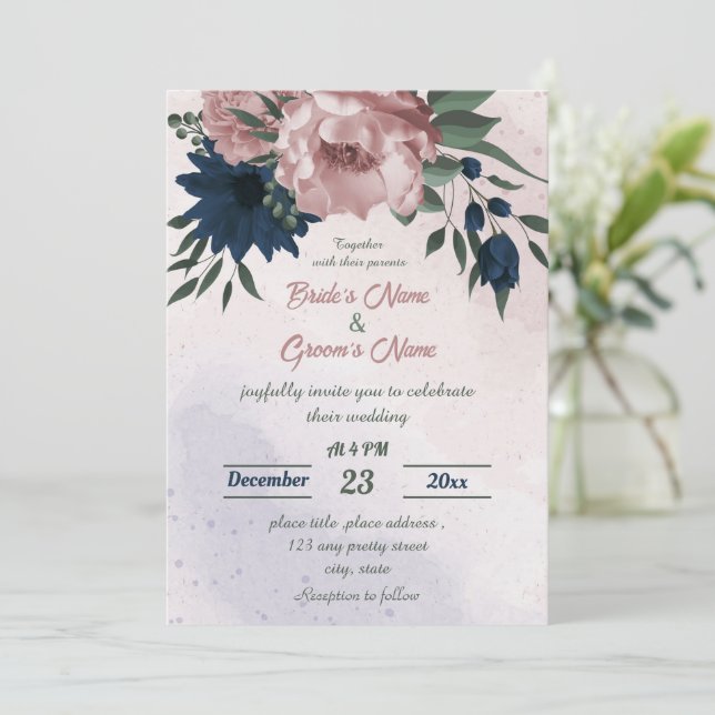 pink & navy flowers botanical wedding  invitation (Standing Front)