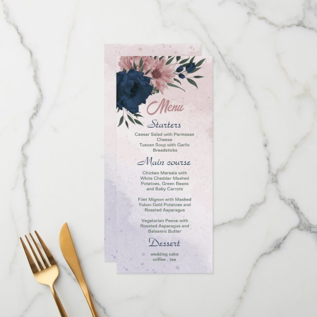 pink & navy flowers botanical wedding  menu (Front/Back In Situ)