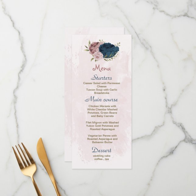 Pink & navy flowers botanical wedding  menu (Front/Back In Situ)