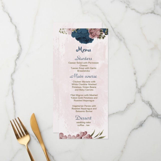 Pink & navy flowers botanical wedding  menu (Front/Back In Situ)