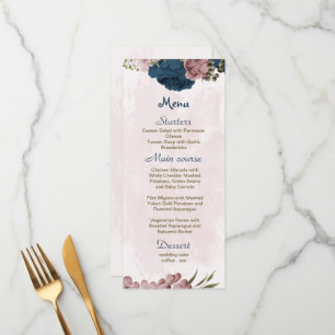 Pink & navy flowers botanical wedding menu
