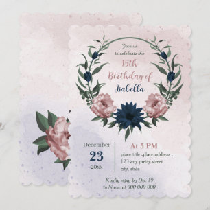 pink & navy flowers botanical wreath birthday  invitation