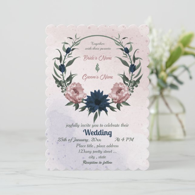 pink & navy flowers botanical wreath wedding  invitation (Standing Front)