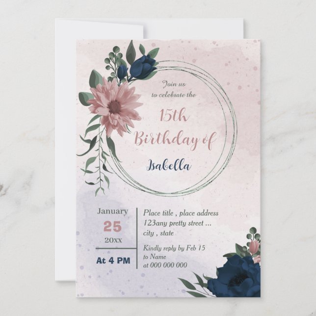 pink & navy flowers geometric birthday  invitation (Front)