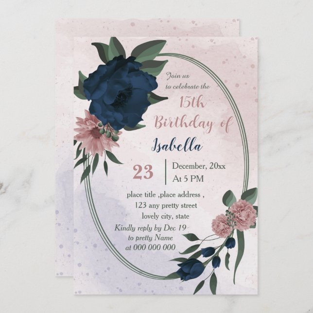 pink & navy flowers geometric birthday  invitation (Front/Back)