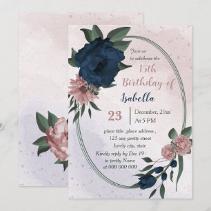 pink & navy flowers geometric birthday  invitation