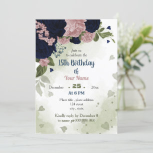 pink navy flowers greenery birthday party invitation