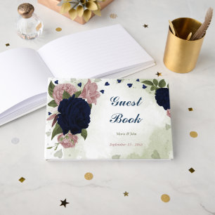 pink & navy flowers greenery guest book