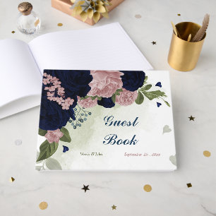 pink & navy flowers greenery guest book
