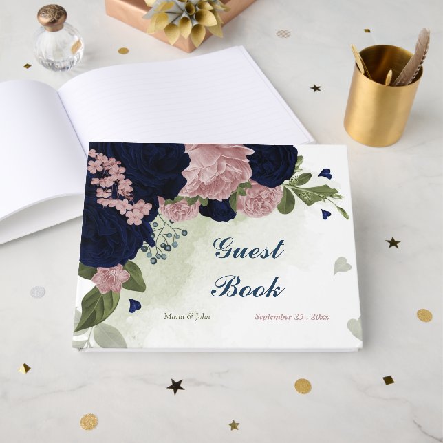 pink & navy flowers greenery guest book (Front Open)