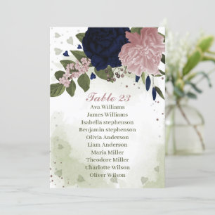 pink & navy flowers greenery seating chart card