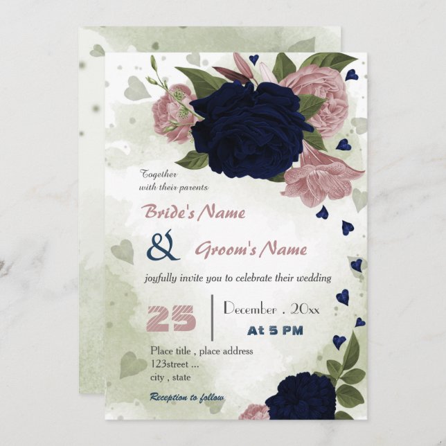 pink navy flowers greenery wedding  invitation (Front/Back)