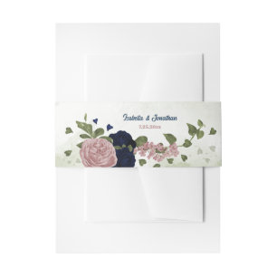 pink navy flowers greenery wedding  invitation belly band