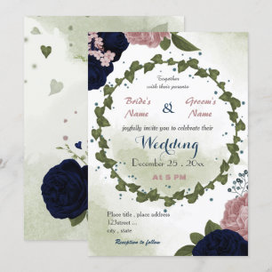 pink navy flowers greenery wreath wedding invitation
