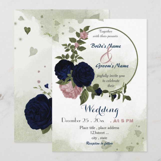 pink navy flowers greenery wreath wedding invitation (Front/Back)
