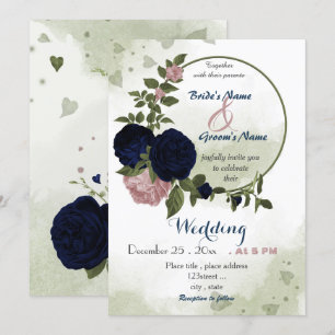 pink navy flowers greenery wreath wedding invitation