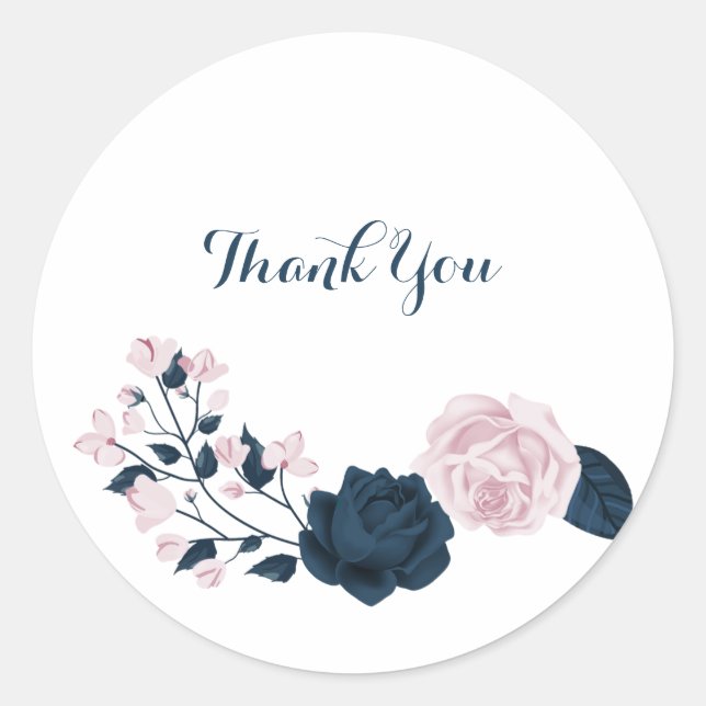 pink & navy flowers thank you classic round sticker (Front)
