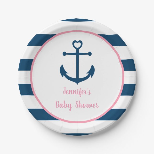 Pink Navy Girl Nautical Anchor Baby Shower Paper Plate (Front)