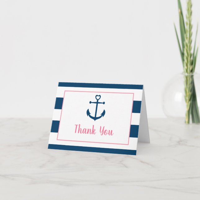 Pink Navy Girl Nautical Anchor Baby Shower Thank You Card (Front)