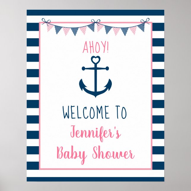 Pink Navy Girl Nautical Anchor Baby Shower Welcome Poster (Front)