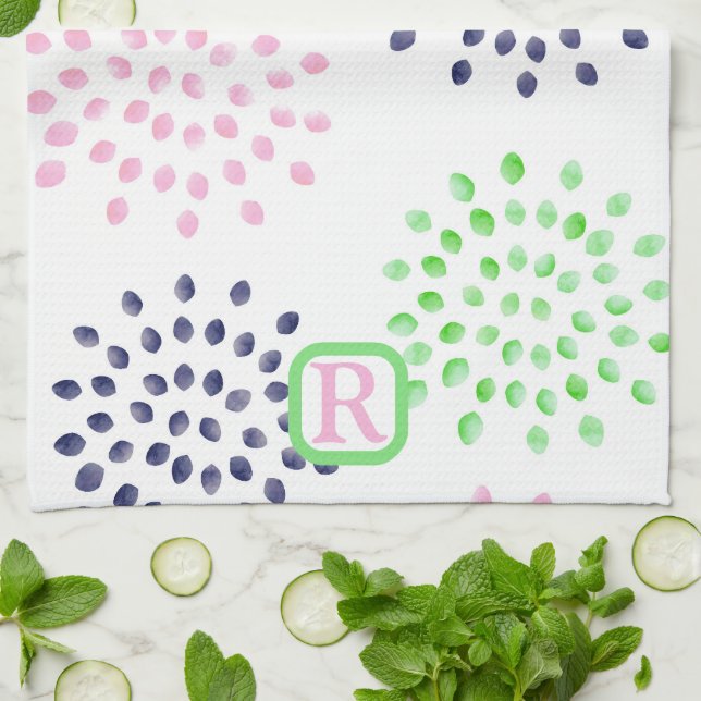 Pink Navy Green Flower Pattern Watercolor Monogram Tea Towel (Folded)