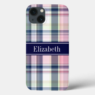 Pink Navy Green White Preppy Madras N Monogram iPhone 13 Case