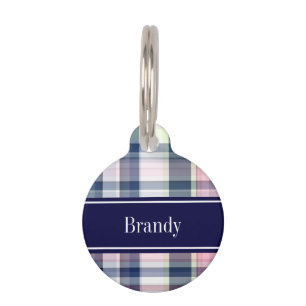 Pink Navy Green White Preppy Madras N Monogram Pet Tag