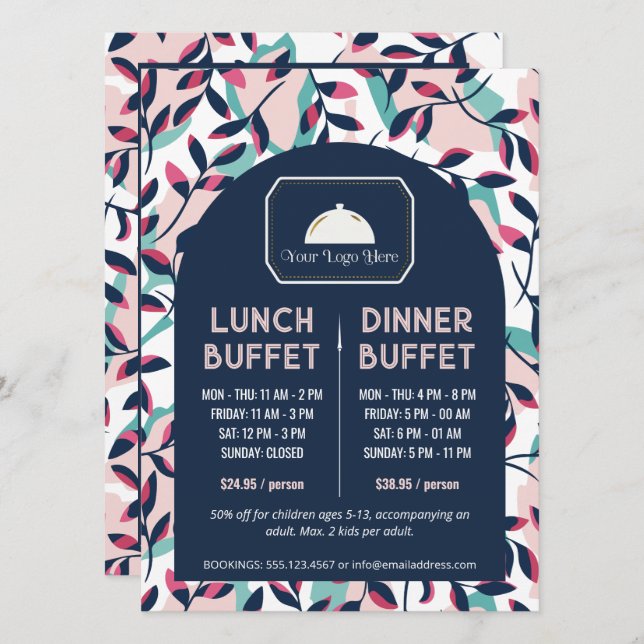 Pink Navy Greenery Lunch Dinner Buffet  Menu (Front/Back)