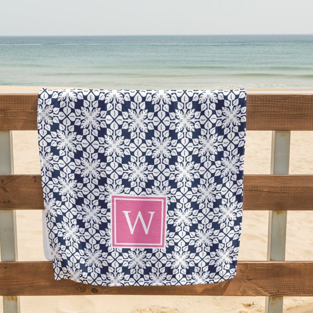 Pink & Navy Hawaiian Pattern Monogram Beach Towel (Creator Uploaded)