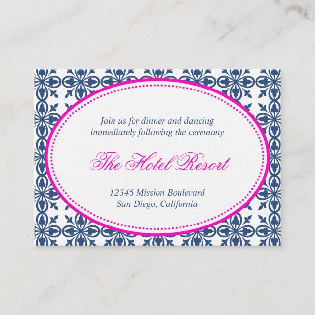 Pink navy oval lace preppy wedding reception card (Front)