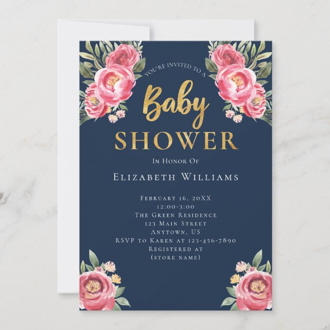 Pink Navy Peonies Watercolor Flowers Baby Shower Invitation (Front)