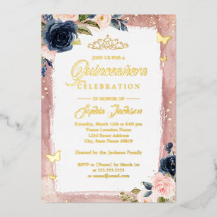 Pink Navy Quinceanera Floral Sparkle Tiara Foil