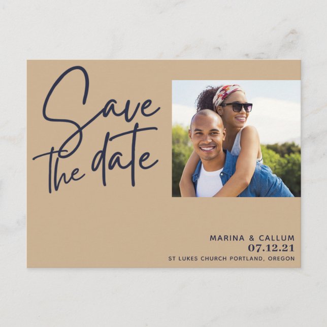 pink navy script modern chic photo postcard (Front)