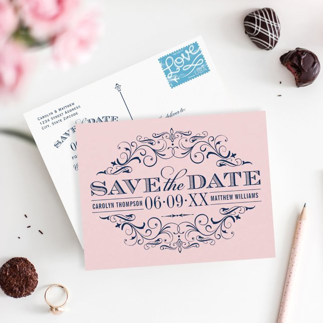 Pink Navy Scrollwork Save the Date Announcement Postcard (Creator Uploaded)