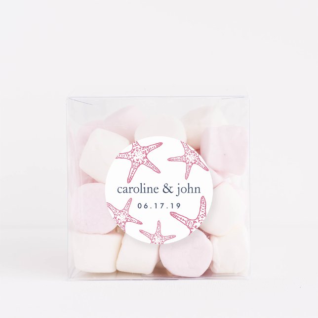 Pink & Navy Starfish Personalized Wedding Classic Round Sticker (Creator Uploaded)