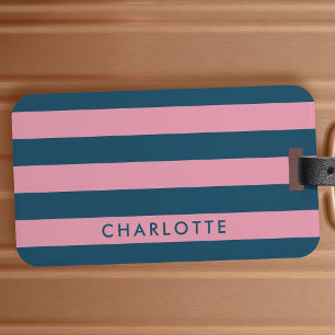 Pink Navy Stripe Modern Trendy Preppy Name Luggage Tag