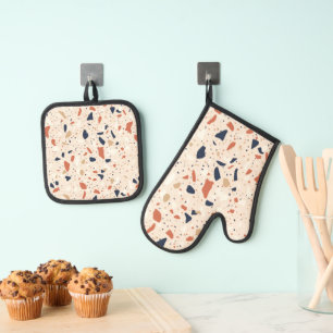Pink Navy Terrazzo Effect Oven Mitt & Pot Holder Set