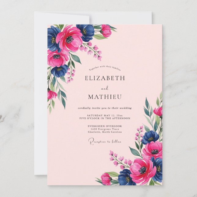 Pink Navy Watercolor Anemone Spring Wedding Invitation (Front)