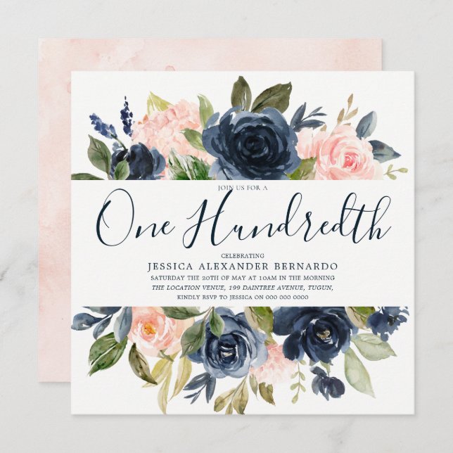 Pink Navy Watercolor Flowers 100th Birthday Party Invitation (Front/Back)