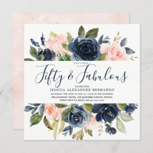 Pink Navy Watercolor Flowers 50th Birthday Party Invitation