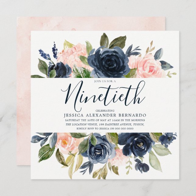 Pink & Navy Watercolor Flowers 90th Birthday Party Invitation (Front/Back)