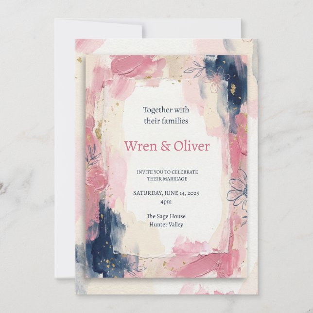Pink Navy Watercolor Wedding Invitation (Front)