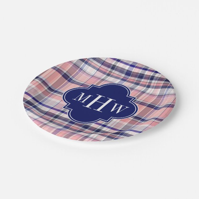 Pink Navy White Preppy Madras Quatrefoil Monogram Paper Plate (Angled)