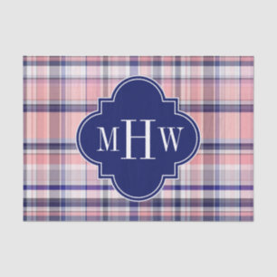 Pink Navy White Preppy Madras Quatrefoil Monogram Tissue Paper
