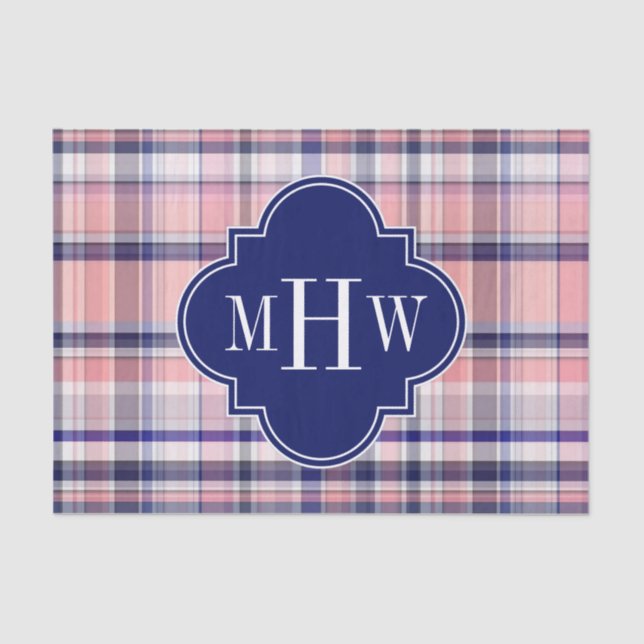 Pink Navy White Preppy Madras Quatrefoil Monogram Tissue Paper (Front)